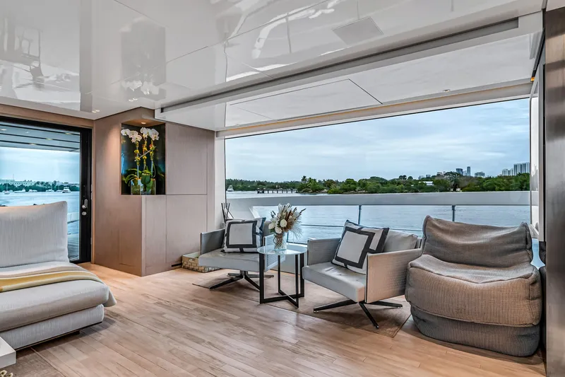 Mave Yacht Photos Pics Luxurious interior of 2020 Sanlorenzo SX88 yacht with panoramic water views and elegant seating.