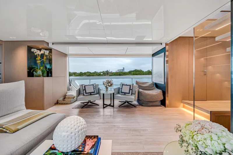 Mave Yacht Photos Pics Luxurious interior of 2020 Sanlorenzo SX88 yacht with modern decor and scenic view.