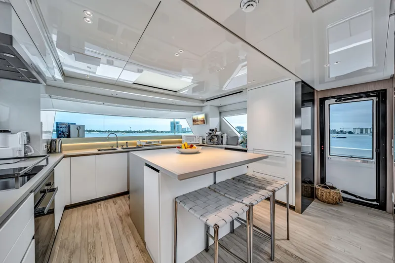 Mave Yacht Photos Pics Luxurious 2020 Sanlorenzo SX88 yacht kitchen with modern design and waterfront view.