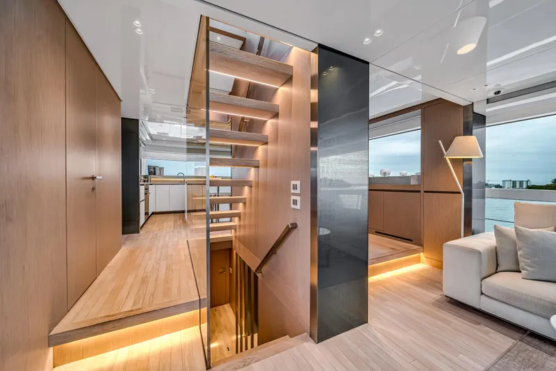 Mave Yacht Photos Pics Luxurious interior of 2020 Sanlorenzo SX88 yacht with modern design and elegant lighting.