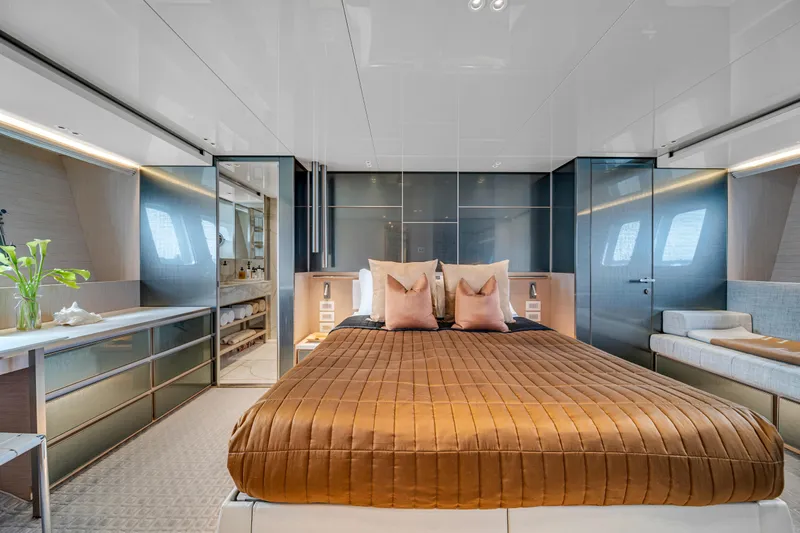 Mave Yacht Photos Pics Luxurious 2020 Sanlorenzo SX88 yacht bedroom with modern design and elegant decor.