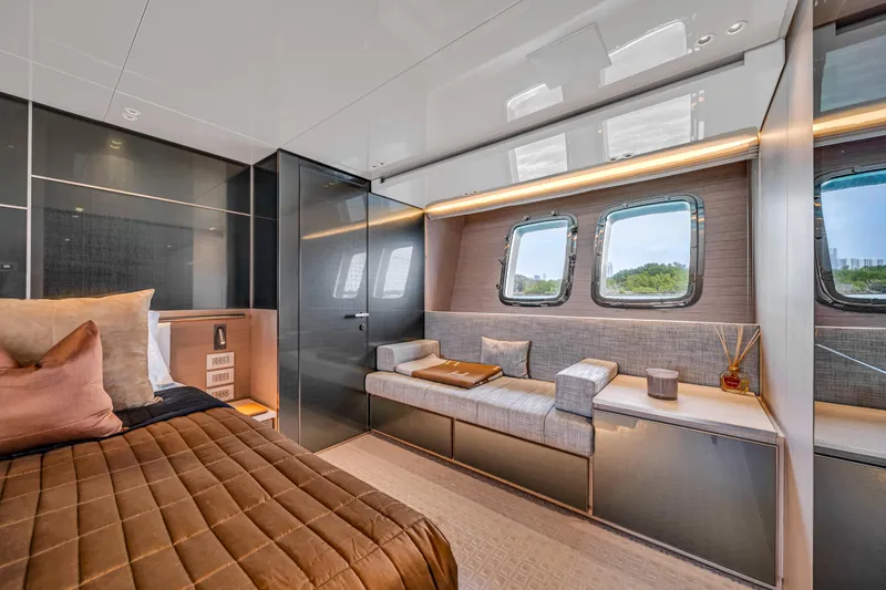 Mave Yacht Photos Pics Luxurious Sanlorenzo SX88 2020 yacht bedroom with modern design and large windows.