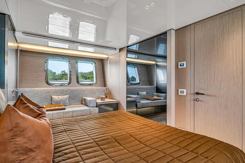Mave Yacht Photos Pics Luxurious Sanlorenzo SX88 2020 yacht interior with modern bedroom and scenic windows.