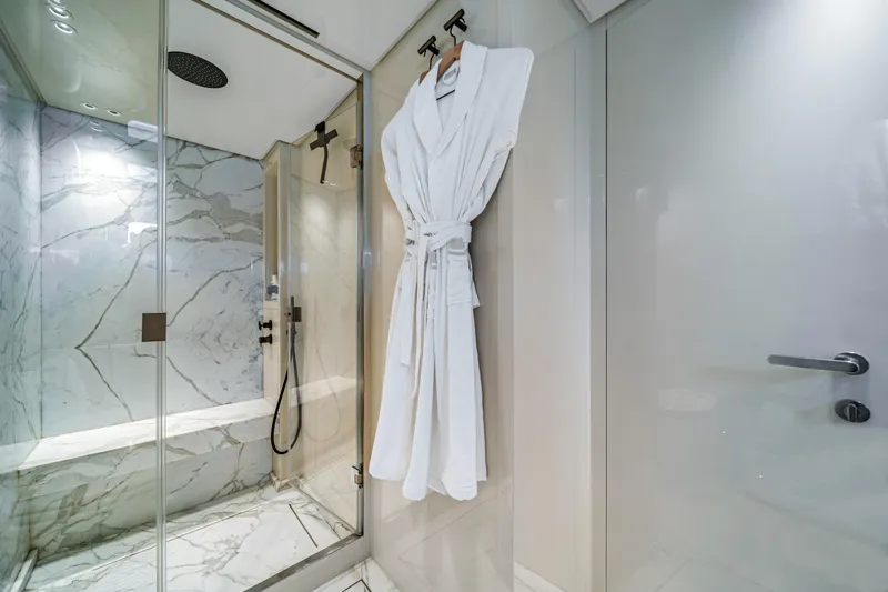 Mave Yacht Photos Pics Luxurious marble bathroom with shower and robe on Sanlorenzo SX88 yacht, 2020 model.