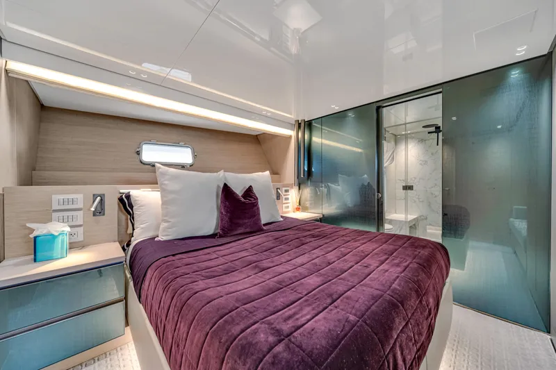 Mave Yacht Photos Pics Luxurious Sanlorenzo SX88 2020 yacht bedroom with plush bedding and modern design.