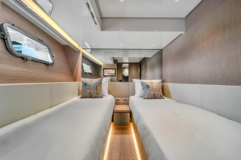 Mave Yacht Photos Pics Luxurious twin cabin interior of 2020 Sanlorenzo SX88 yacht with modern design and ambient lighting.