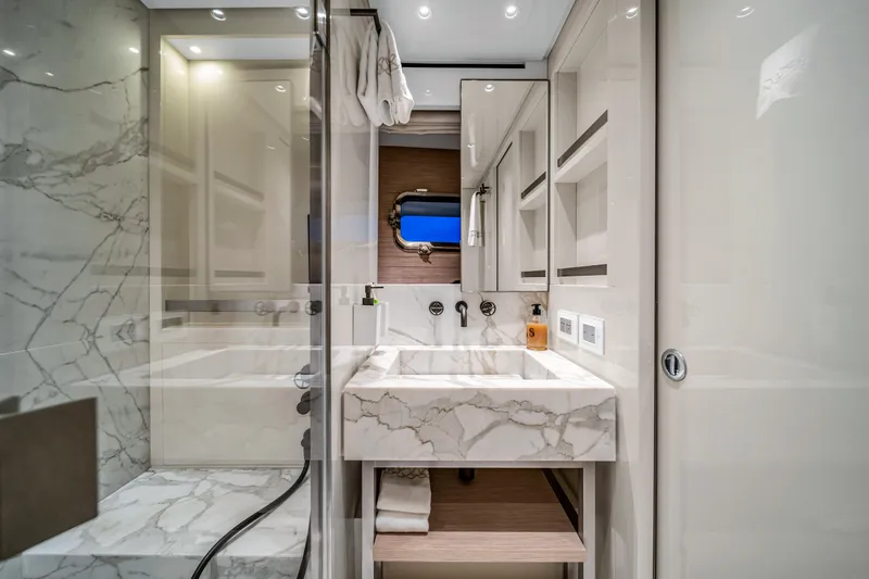 Mave Yacht Photos Pics Luxurious marble bathroom interior on 2020 Sanlorenzo SX88 yacht.