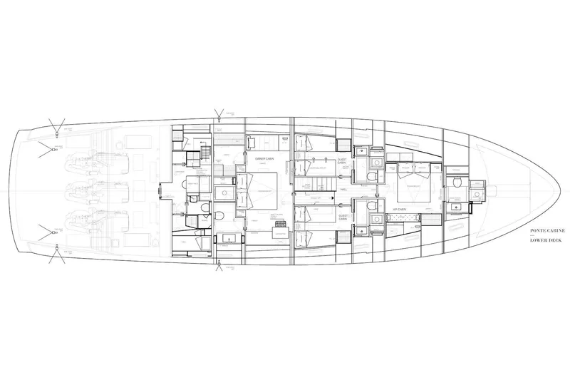 Mave Yacht Photos Pics Floor plan of 2020 Sanlorenzo SX88 yacht, showcasing lower deck layout with cabins.