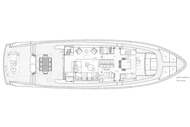 Mave Yacht Photos Pics Floor plan of 2020 Sanlorenzo SX88 yacht, showcasing main deck layout.