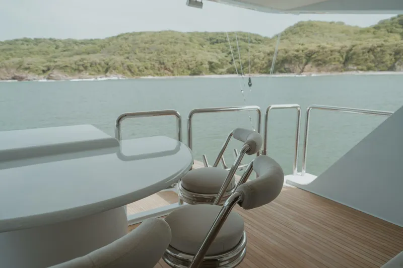 Aussie Rules Yacht Photos Pics Luxurious Oceanfast 87 Enclosed Bridge yacht deck with scenic ocean view, 1996 model.