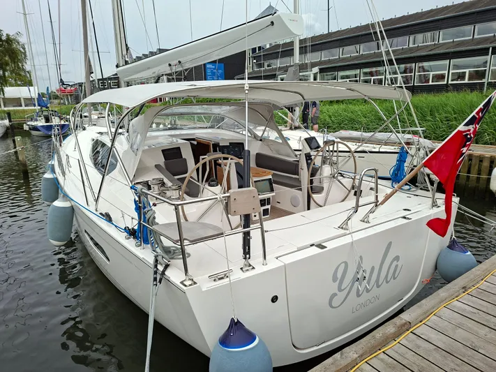 Yula Yacht Photos Pics 2024 X-Yachts Xc 47 sailboat docked, featuring sleek design and modern amenities.