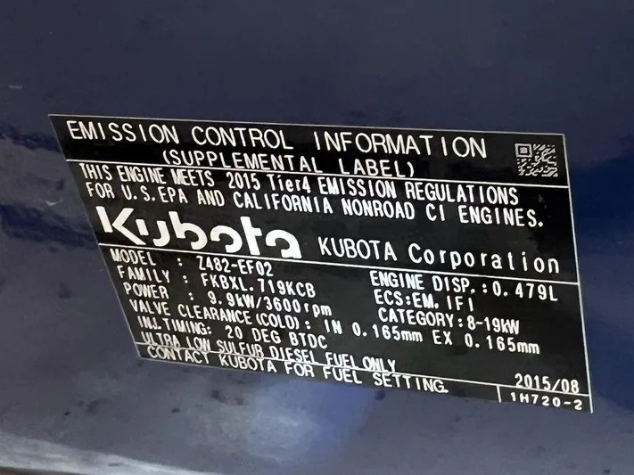  Yacht Photos Pics Emission control label for Kubota engine, model Z482-EF02, meeting 2015 Tier 4 regulations.