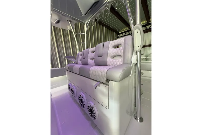  Yacht Photos Pics Luxurious seating in 2025 Contender 44 ST boat with modern design and integrated speakers.