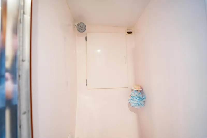 Business Yacht Photos Pics Compact shower space with a showerhead, vent, and storage cabinet, featuring a blue loofah.