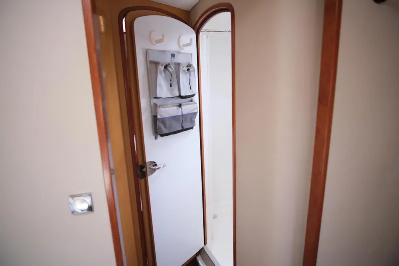 Northern Lynx Yacht Photos Pics Interior of 2011 Fountaine Pajot Salina 48 Evolution Maestro yacht, featuring a door with storage pockets.