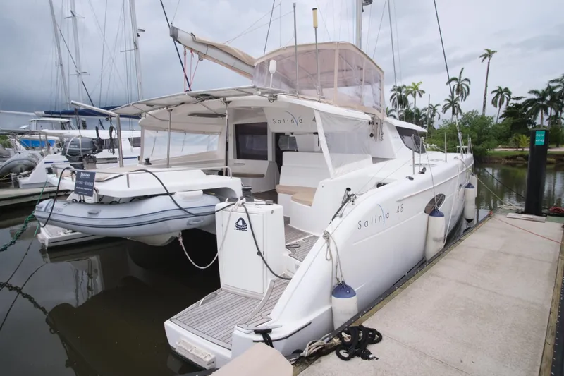 Northern Lynx Yacht Photos Pics 2011 Fountaine Pajot Salina 48 Evolution Maestro catamaran docked at marina.