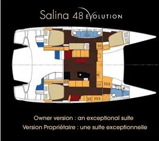 Northern Lynx Yacht Photos Pics Floor plan of 2011 Fountaine Pajot Salina 48 Evolution Maestro catamaran.