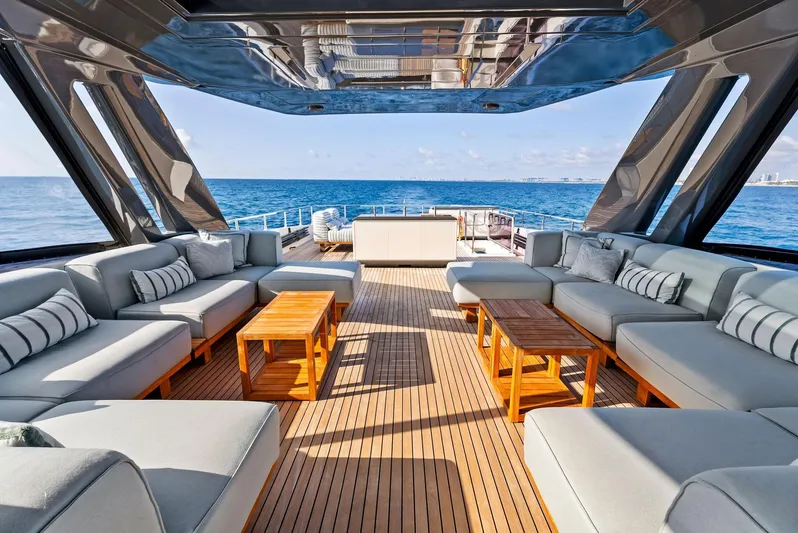  Yacht Photos Pics Luxurious 2020 Ferretti Yachts 920 interior with elegant seating and ocean view.