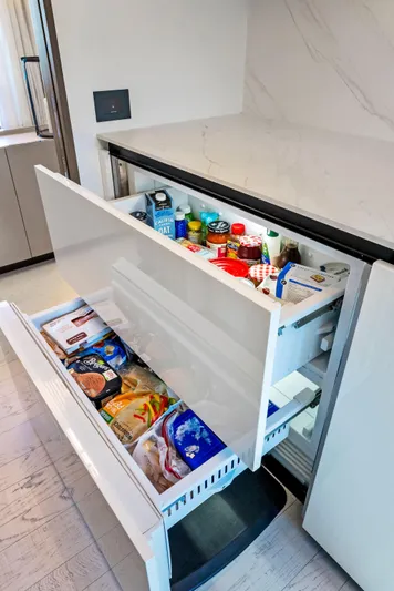  Yacht Photos Pics Modern kitchen with open drawer fridge on 2020 Ferretti Yachts 920.