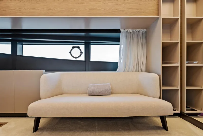  Yacht Photos Pics Luxurious interior of 2020 Ferretti Yachts 920 with elegant beige sofa and modern design.