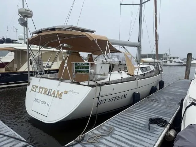 Jet Stream Yacht Photos Pics 2003 Wauquiez Centurion 45s sailboat named "Jet Stream" docked, for sale sign visible.