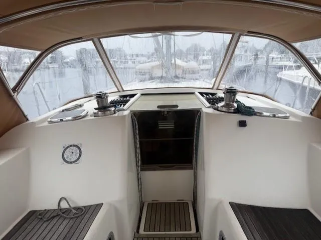 Jet Stream Yacht Photos Pics Cockpit view of 2003 Wauquiez Centurion 45s sailboat with covered helm and winches.