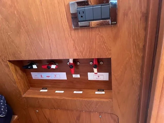 Jet Stream Yacht Photos Pics Control panel on 2003 Wauquiez Centurion 45s yacht, featuring switches and labels.