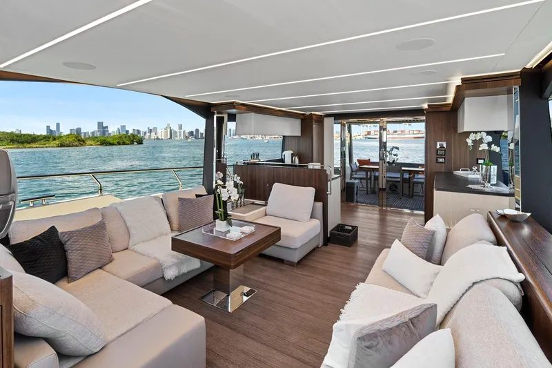 Smile Yacht Photos Pics Luxurious interior of 2023 Astondoa 66 Flybridge yacht with elegant seating and scenic water views.