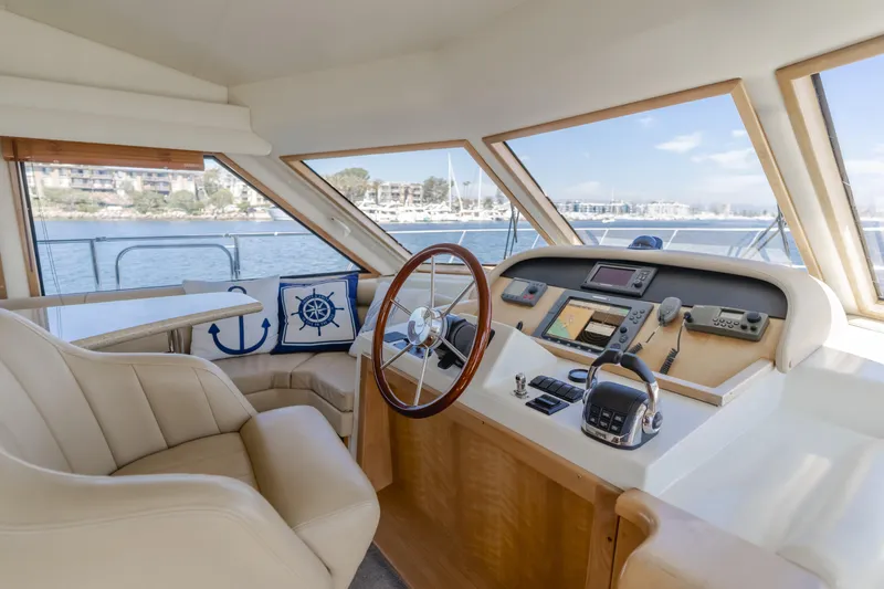 Love Life Yacht Photos Pics 2007 Navigator Pilothouse yacht interior with steering wheel and navigation equipment.
