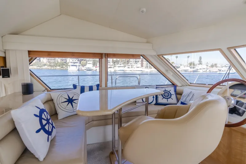 Love Life Yacht Photos Pics 2007 Navigator Pilothouse interior with nautical-themed decor and panoramic windows.
