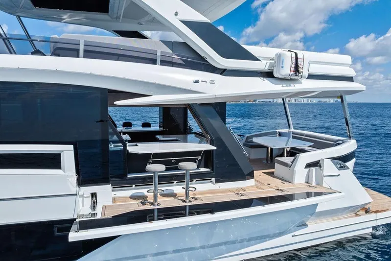 Triple T Yacht Photos Pics 2022 Galeon 640 Fly yacht with modern design on open sea.