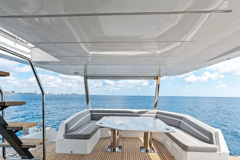 Triple T Yacht Photos Pics Luxurious 2022 Galeon 640 Fly yacht deck with ocean view and elegant seating area.