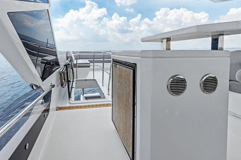 Triple T Yacht Photos Pics Luxurious 2022 Galeon 640 Fly yacht deck with sleek design and ocean view.