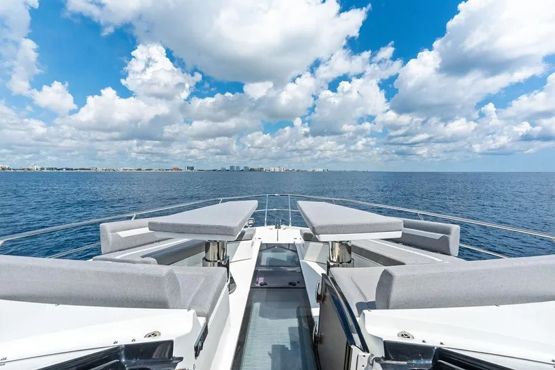 Triple T Yacht Photos Pics Luxurious 2022 Galeon 640 Fly yacht deck with ocean view and blue sky.
