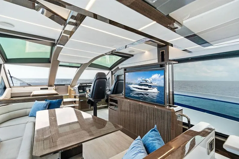 Triple T Yacht Photos Pics Luxurious interior of 2022 Galeon 640 Fly yacht with ocean view and modern amenities.
