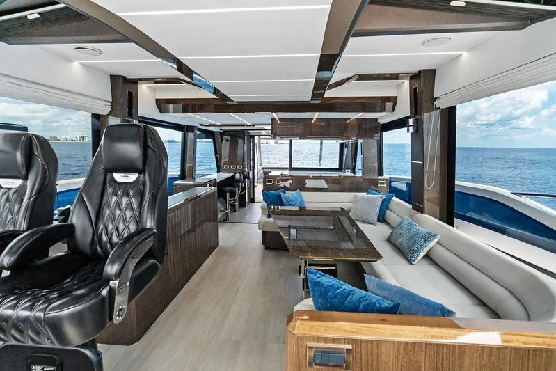 Triple T Yacht Photos Pics Luxurious interior of 2022 Galeon 640 Fly yacht with ocean view.