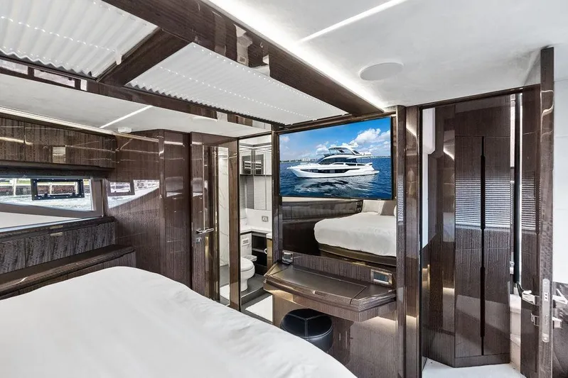 Triple T Yacht Photos Pics Luxurious interior of 2022 Galeon 640 Fly yacht with modern design and elegant furnishings.