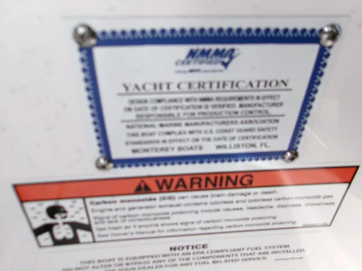  Yacht Photos Pics Yacht certification and warning labels on a 2025 Monterey Elite 27 OB boat.