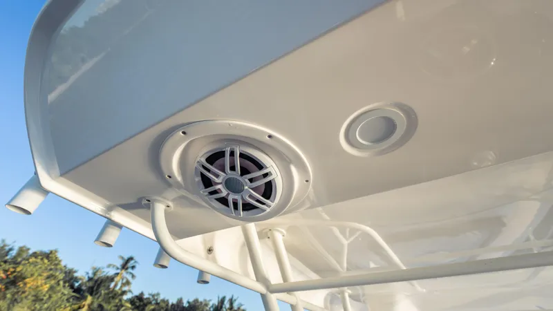  Yacht Photos Pics 2025 SeaWell 290XL boat speaker and canopy detail against a clear sky.
