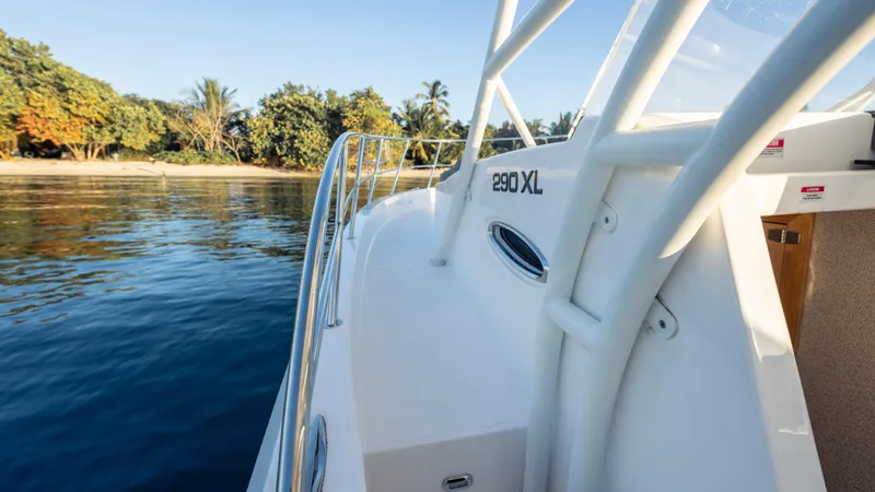  Yacht Photos Pics 2025 SeaWell 290XL boat docked near a tropical shoreline, showcasing sleek design.
