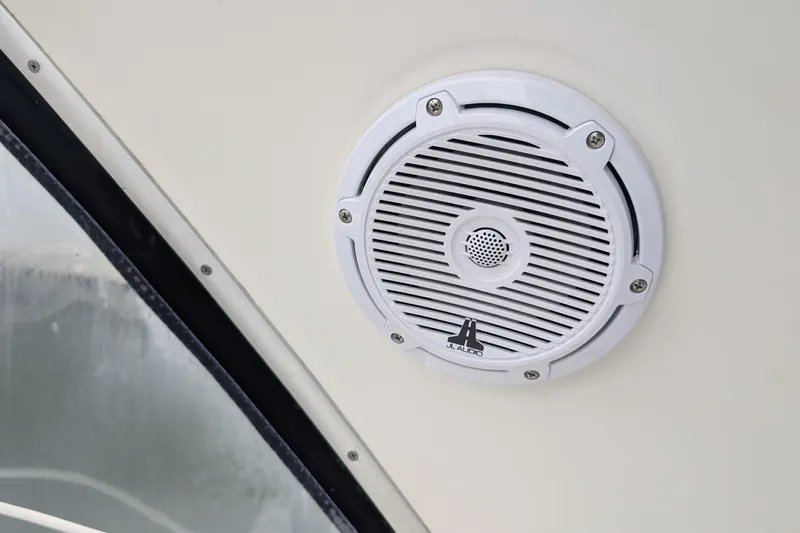 One Life Yacht Photos Pics White JL Audio speaker on 2004 Meridian 341 boat interior wall.