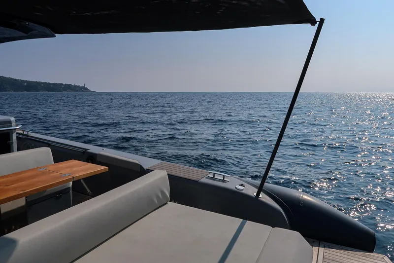  Yacht Photos Pics Luxury Pirelli 42 yacht deck with ocean view, 2023 model.