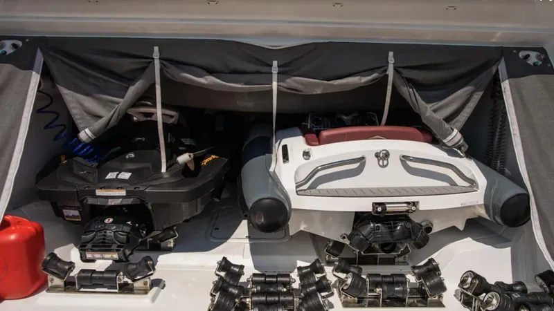  Yacht Photos Pics 2018 Azimut S7 yacht garage with two jet skis and equipment.