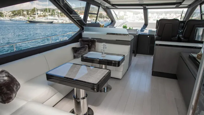  Yacht Photos Pics Luxurious interior of 2018 Azimut S7 yacht with modern seating and scenic ocean view.