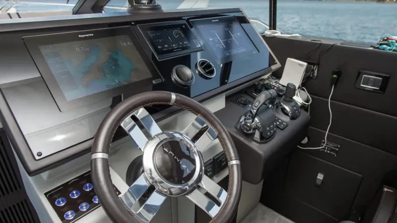  Yacht Photos Pics Cockpit of 2018 Azimut S7 yacht with advanced navigation controls and steering wheel.