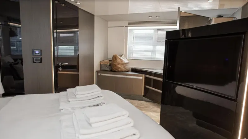  Yacht Photos Pics Luxurious interior of 2018 Azimut S7 yacht with modern bedroom and sleek design.