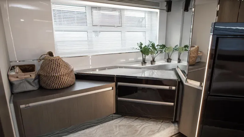  Yacht Photos Pics Luxurious interior of 2018 Azimut S7 yacht with modern kitchen and stylish decor.