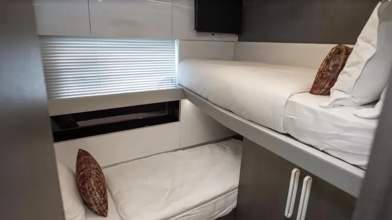  Yacht Photos Pics 2018 Azimut S7 yacht cabin with modern bunk beds and stylish decor.