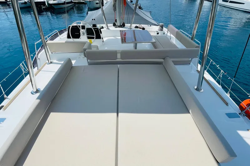 Yacht Photos Pics Luxurious Bali 4.6 yacht deck, 2025 model, featuring spacious seating and sleek design.