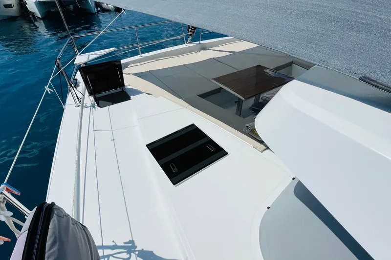  Yacht Photos Pics Modern Bali 4.6 yacht deck, 2025 model, with sleek design and spacious seating area.